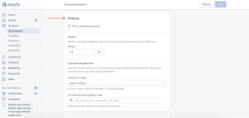 Shopify store dashboard: shipping details