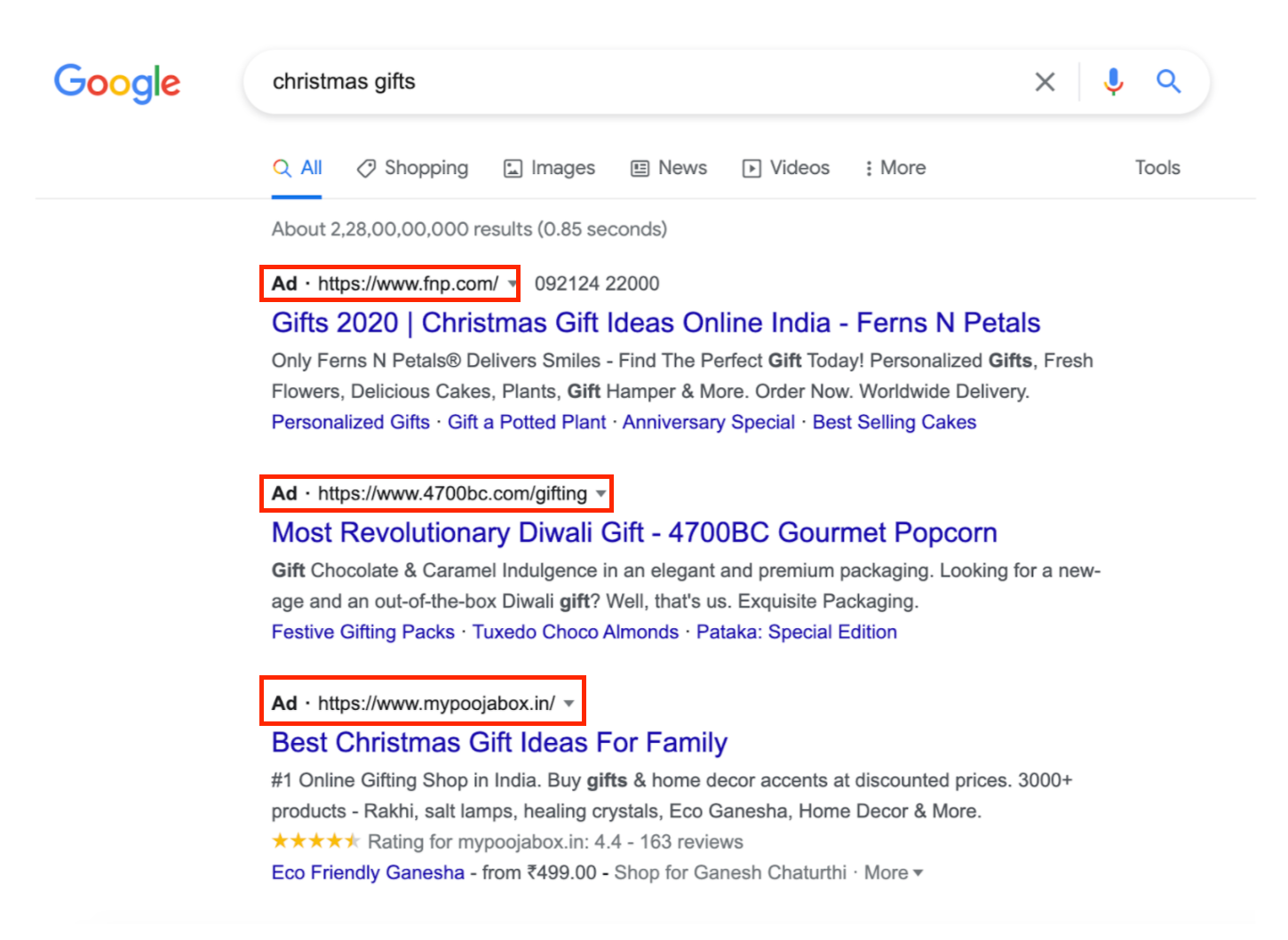 festive seasonal marketing search ads example