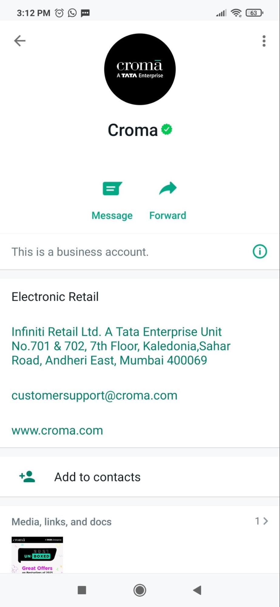 A picture showing how the business profile in WhatsApp Business app looks like