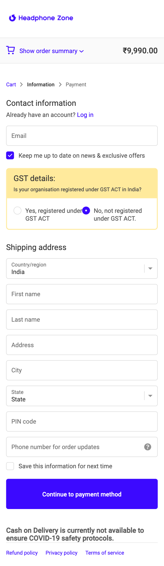 mobile optimized checkout page to prevent cart abandonment