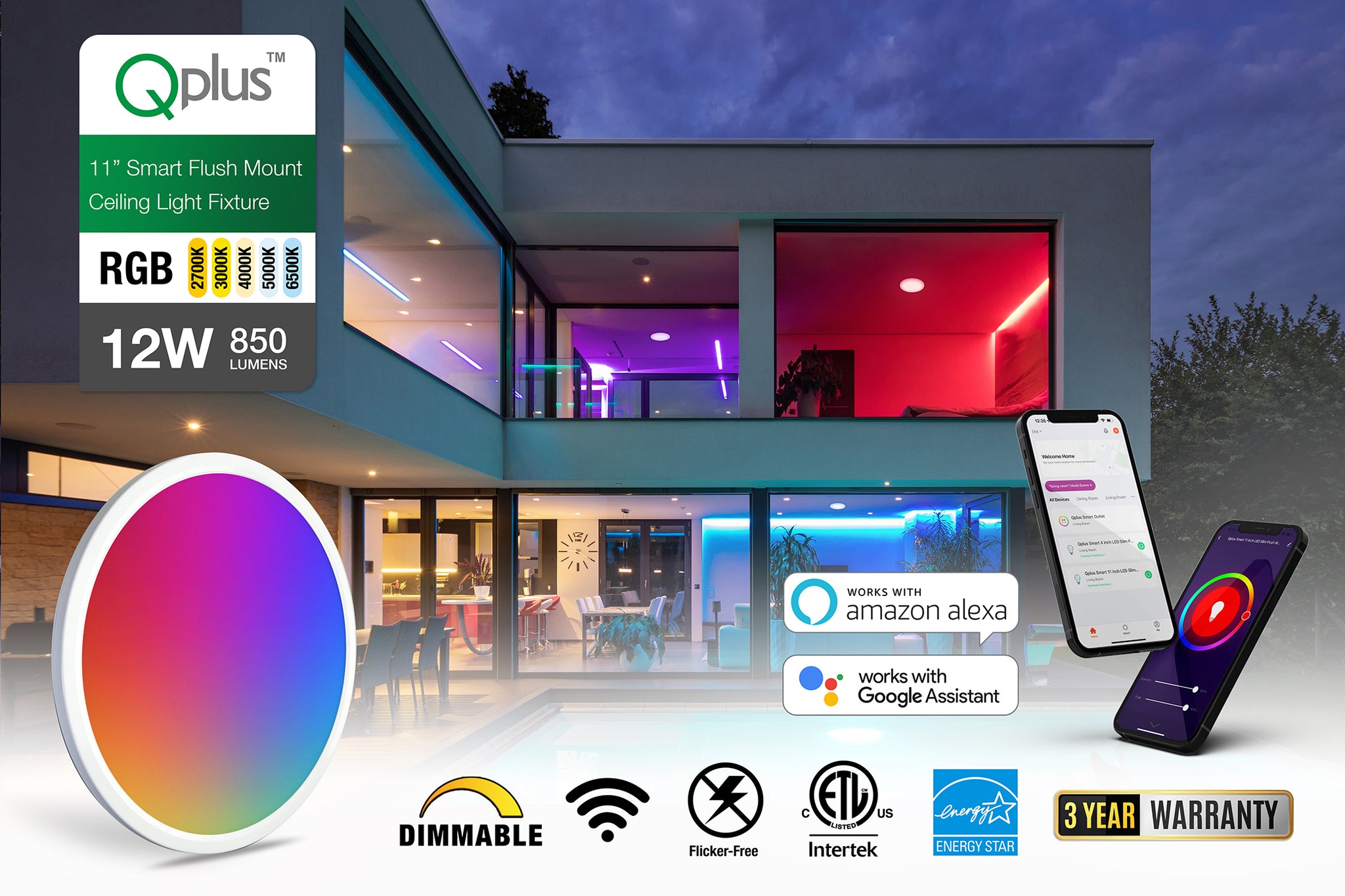 QPlus 11Inch Smart Flat Flush Mount (WiFi - No Hub) - Dimmable, 16 Million Colors & Tunable White 2700K to 6500K