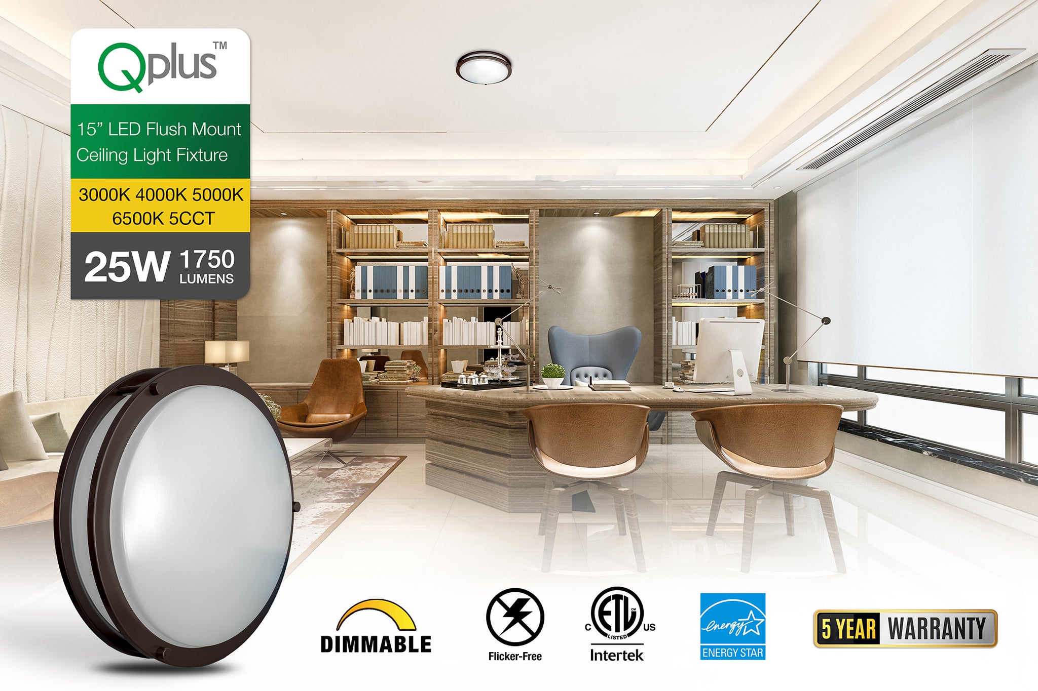 Montaje empotrado arquitectónico LED QPlus de 15 pulgadas, 25 vatios