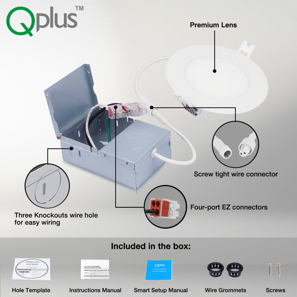 QPlus 4 pouces Smart Slim LED Pot Light (WiFi - Pas de hub) - RVB 16 millions de couleurs et blanc réglable 2700K à 6500K Dans la boîte