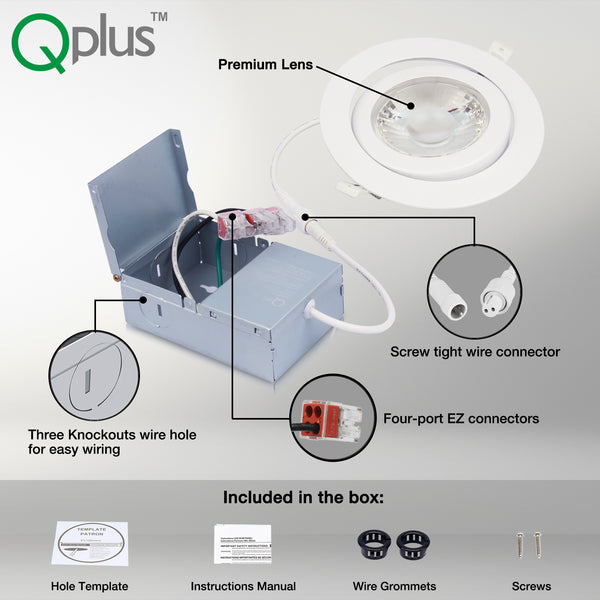 QPlus 6 pouces cardan encastré rotatif encastré LED Pot lumières dans la boîte