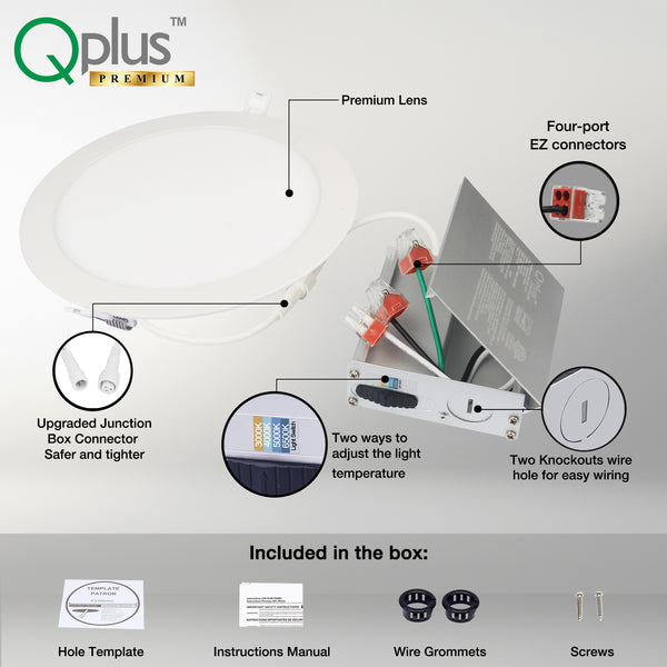 QPLUS 8 Inch Slim Panel Recessed Adjustable Multi Color Temperature LED Pot Light Changeable Color Temperature By The Wall Switch