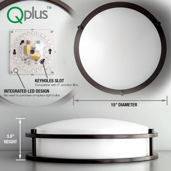 QPlus 15 Inch LED Architectural Flush Mount 25 Watts Dimensions