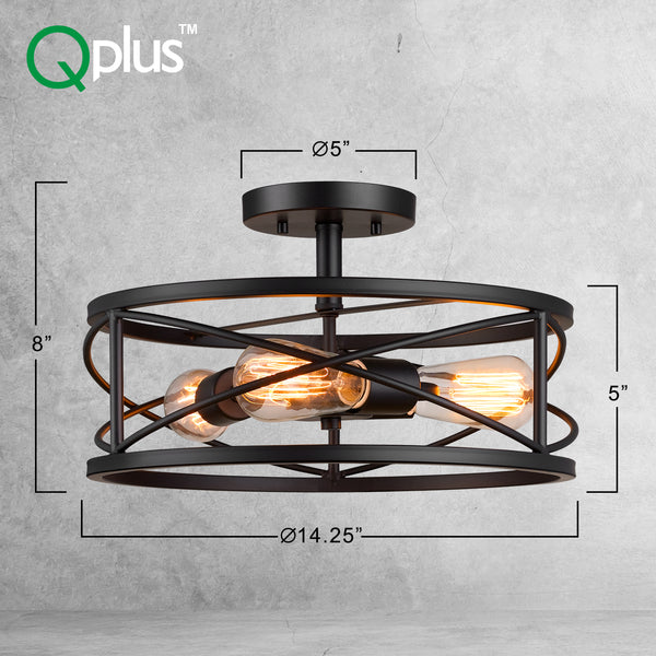 Qplus 14 Inch Vintage Flush Mount Ceiling Light Fixture with 3 E26 Bulb Base