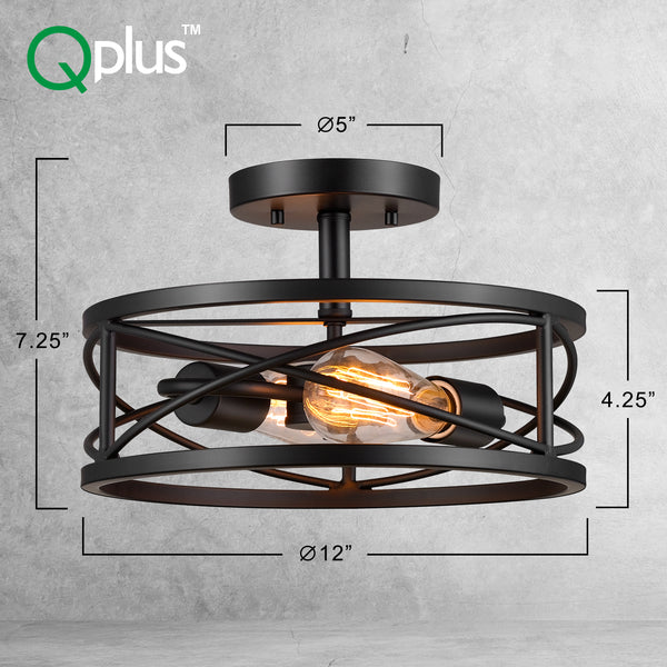 Qplus 12” Vintage Semi Flush Mount Ceiling Light Fixture with 2 E26 Bulb Base