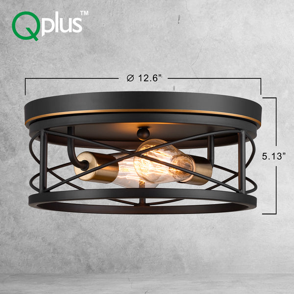 Qplus 12” Vintage Flush Mount Ceiling Light Fixture with 2 E26 Bulb Base Dimensions