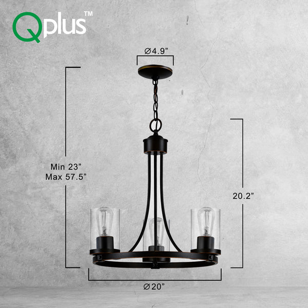 QPlus 3 Light Rustic Round Chandelier Pendant Lamp with E26 Bulb base & Clear Glass Shades - Black / Bronze Dimensions