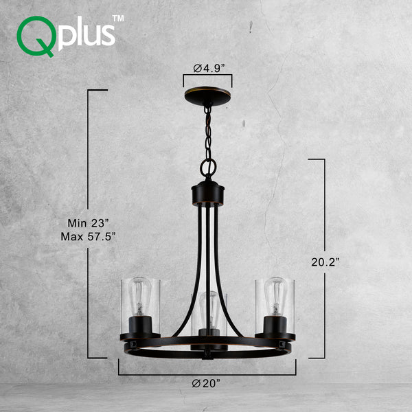 Lámpara colgante de araña redonda rústica QPlus de 3 luces con base de bombilla E26 y pantallas de vidrio transparente - Dimensiones en negro / bronce