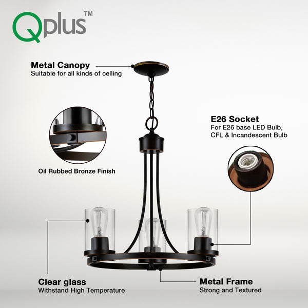 QPlus Lampe à suspension ronde rustique à 3 lumières avec culot d'ampoule E26 et abat-jour en verre transparent - Noir/Bronze Dimensions Caractéristiques