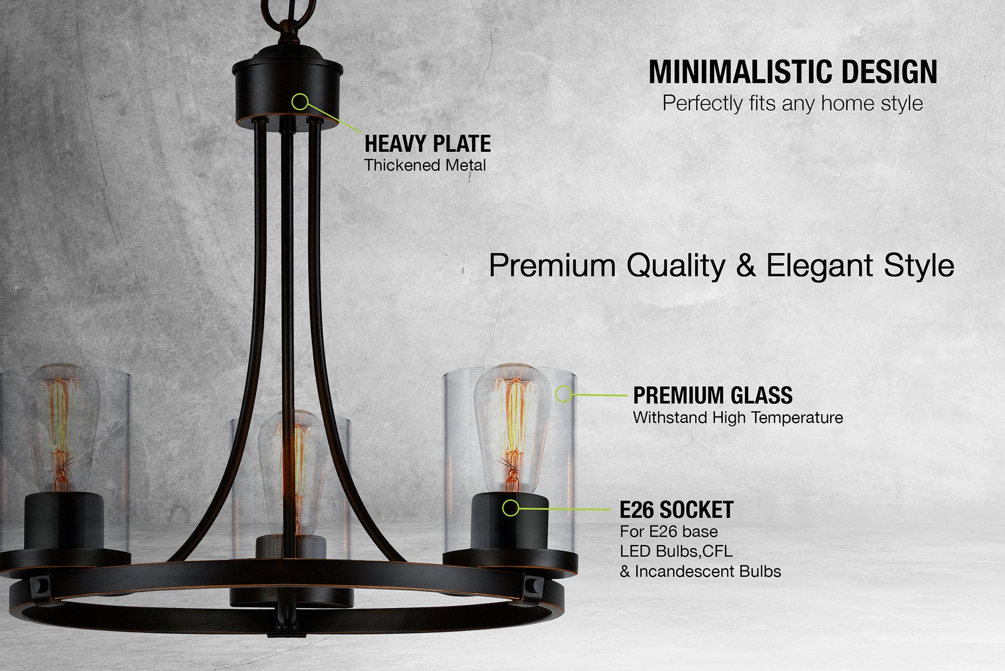 Lámpara colgante de araña redonda rústica QPlus de 3 luces con base de bombilla E26 y pantallas de vidrio transparente - Negro / Bronce Características