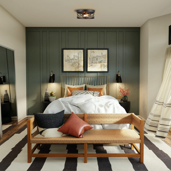 Dormitorio con lámpara de techo vintage empotrada de 12"