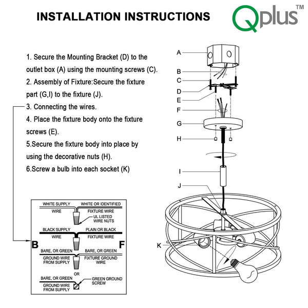 QPlus Vintage Semi Flush Mount Ceiling Light Retro Cage Hanging Fixture with 3 E26 Bulb Base Installation