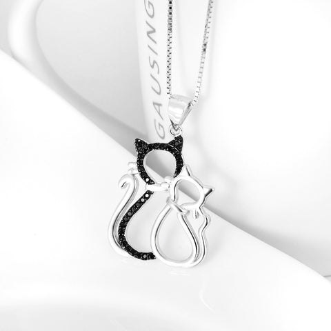 Glamorousky 925 Sterling Silver Simple Cute Cat Pendant with Cubic Zirconia and Necklace