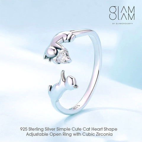 Glamorousky 925 Sterling Silver Simple Cute Cat Heart Shape Adjustable Open Ring with Cubic Zirconia