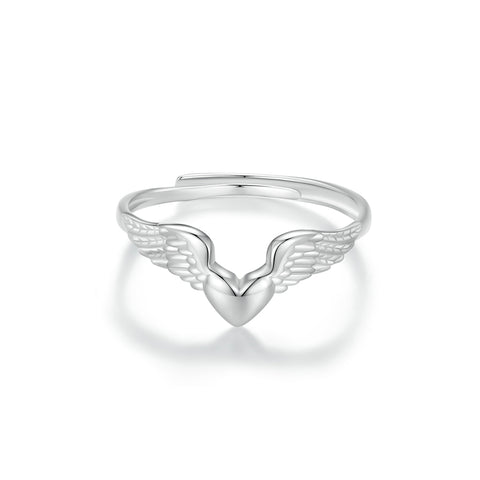 Glamorousky 925 Sterling Silver Fashion Simple Heart Shape Angel Wings Adjustable Ring