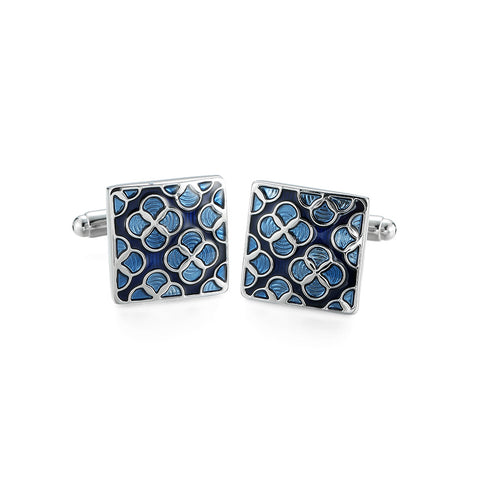 Glamorousky Fashion Temperament Enamel Blue Four-leafed Clover Pattern Square Cufflinks