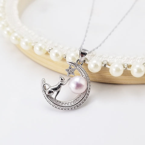 Glamorousky 925 Sterling Silver Fashion Simple Moon Cat Purple Freshwater Pearl Pendant with Necklace