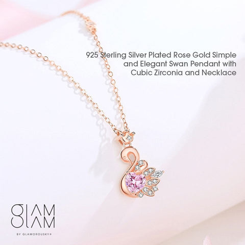 Glamorousky 925 Sterling Silver Plated Rose Gold Simple and Elegant Swan Pendant with Cubic Zirconia and Necklace