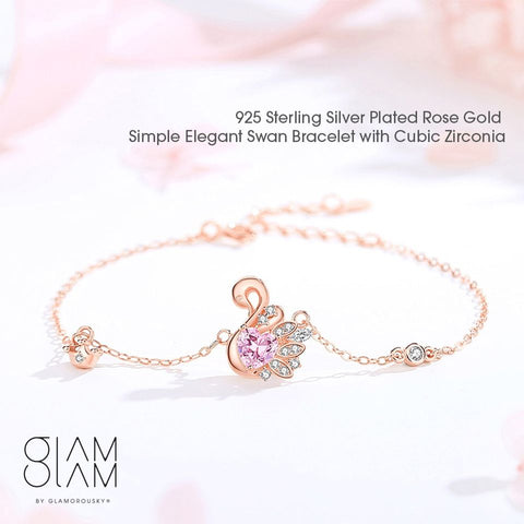 Glamorousky 925 Sterling Silver Plated Rose Gold Simple Elegant Swan Bracelet with Cubic Zirconia
