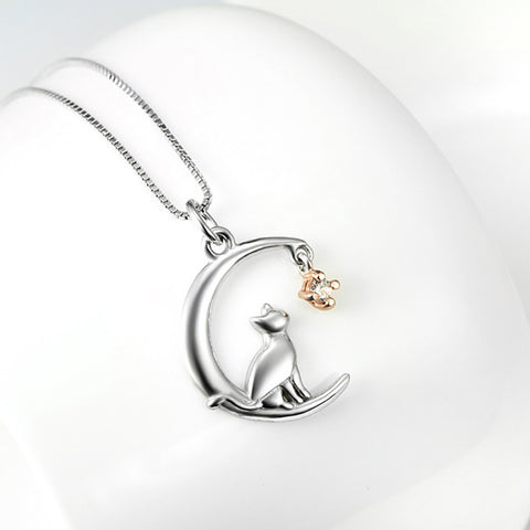 Glamorousky 925 Sterling Silver Fashion Simple Moon Cat Pendant with Cubic Zirconia and Necklace