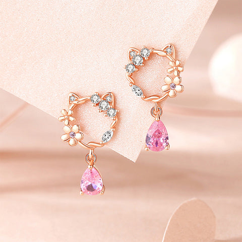 Glamorousky 925 Sterling Silver Plated Rose Gold Fashion Sweet Hollow Cat Flower Earrings with Cubic Zirconia