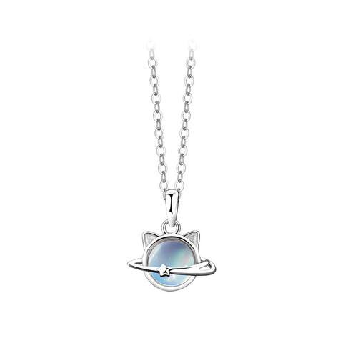 Glamorousky 925 Sterling Silver Fashionable Cat Planet Pendant with Moonstone and Necklace