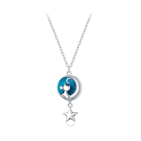 Glamorousky 925 Sterling Silver Fashion Fashion Temperament Moon Star Cat Blue Enamel Pendant with Necklace