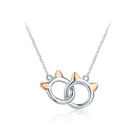 Glamorousky 925 Sterling Silver Simple Cute Double Cat Pendant with Necklace
