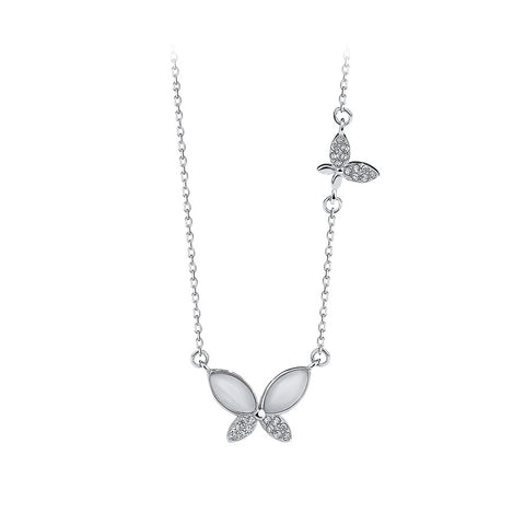 Glamorousky 925 Sterling Silver Fashion Elegant Butterfly Imitation Opal Pendant with Cubic Zirconia and Necklace