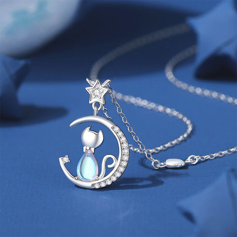 Glamorousky 925 Sterling Silver Simple and Cute Star Moon Cat Moonstone Pendant with Cubic Zirconia and Necklace