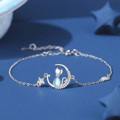 Glamorousky 925 Sterling Silver Simple and Cute Star Moon Cat Moonstone Bracelet with Cubic Zirconia