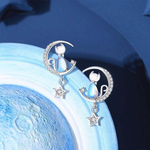 Glamorousky 925 Sterling Silver Simple and Cute Star Moon Cat Moonstone Stud Earrings with Cubic Zirconia