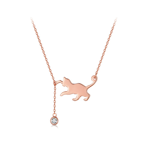 Glamorousky 925 Sterling Silver Plated Rose Gold Simple Cute Cat Tassel Pendant with Cubic Zirconia and Necklace