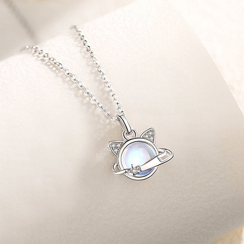 Glamorousky 925 Sterling Silver Cute Creative Cat Planet Moonstone Pendant with Cubic Zirconia and Necklace