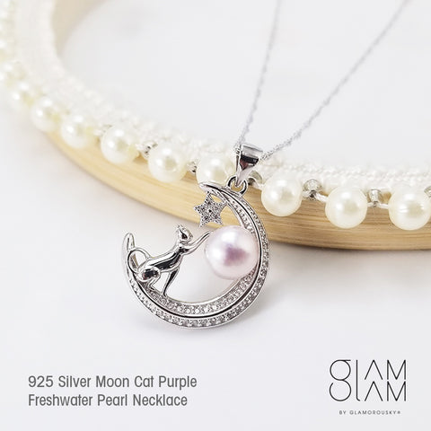 925 Sterling Silver Fashion Simple Moon Cat Purple Freshwater Pearl Pendant with Necklace