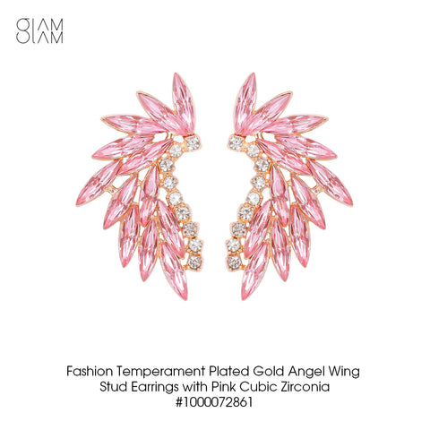 Glamorousky Fashion Temperament Plated Gold Angel Wing Stud Earrings with Pink Cubic Zirconia