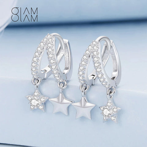 Glamorousky 925 Sterling Silver Fashion Simple Star Tassel Geometric Earrings with Cubic Zirconia