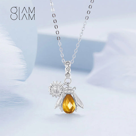 925 Sterling Silver Fashion Temperament Bee and Daisy Pendant with Cubic Zirconia and Necklace