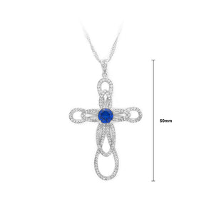 925 Sterling Silver Flower-shaped Cross Pendant with Blue and White Cubic Zircon and Necklace