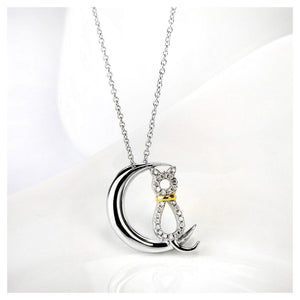 925 Sterling Silver Cat Pendant with Austrian Element Crystal and Necklace - Glamorousky
