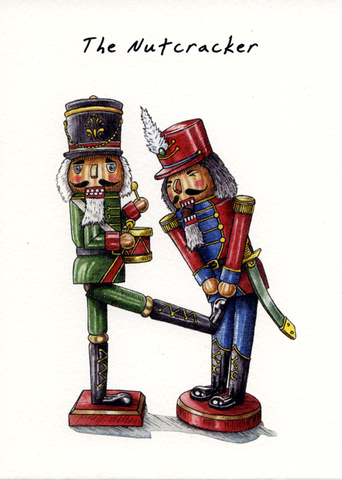 Humorous Christmas card showing a pair of Nutcrackers. One has kicked the other in his genitals - great pun!