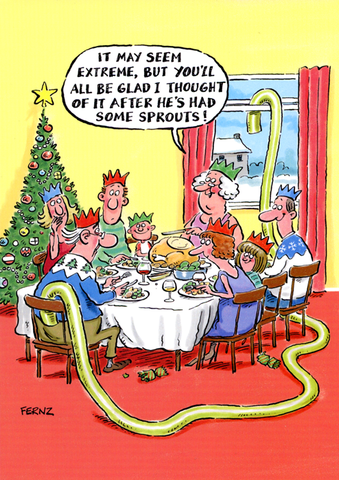 Funny Christmas card showing a pipe running from grandad's bottom to an open window