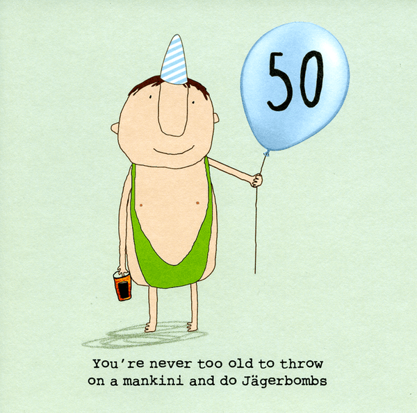 Funny 50th birthday card Mankini and Jagerbombs Comedy