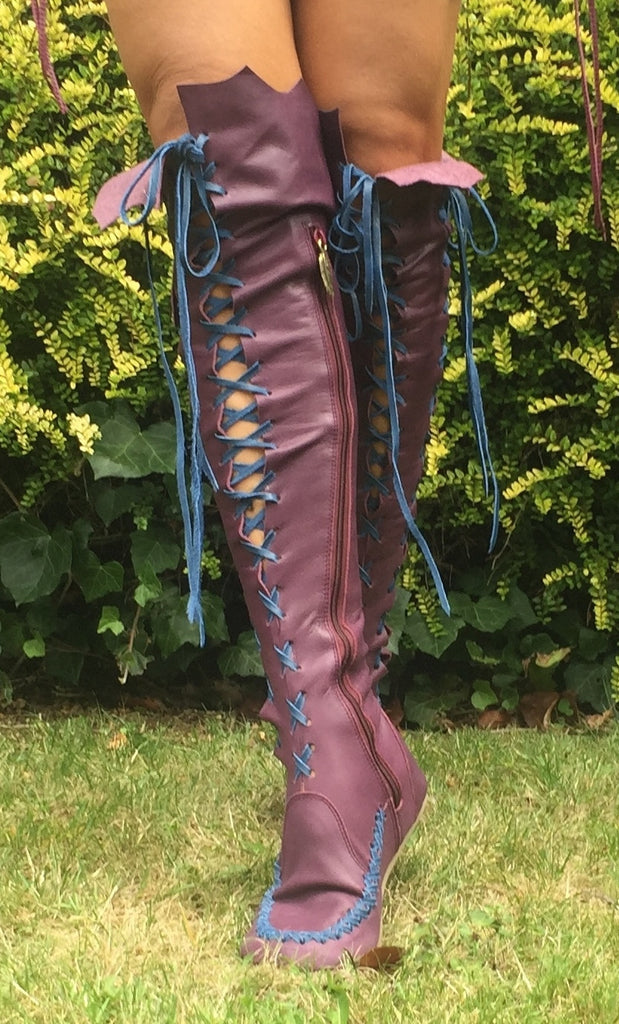 Leather Boots – Plum Knee High Boots With Navy Laces | Gipsy Dharma