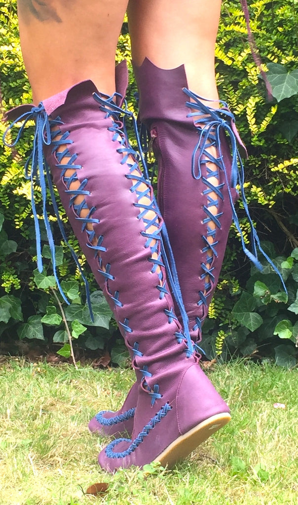 Leather Boots – Plum Knee High Boots With Navy Laces | Gipsy Dharma