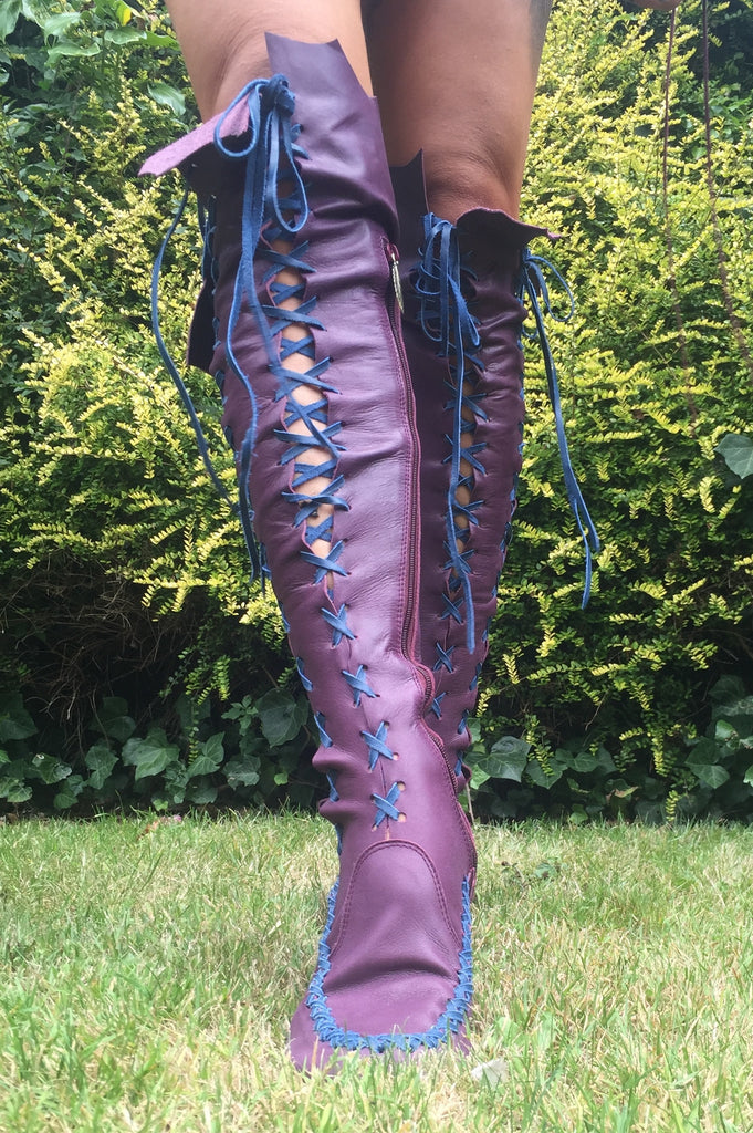 Leather Boots – Plum Knee High Boots With Navy Laces | Gipsy Dharma