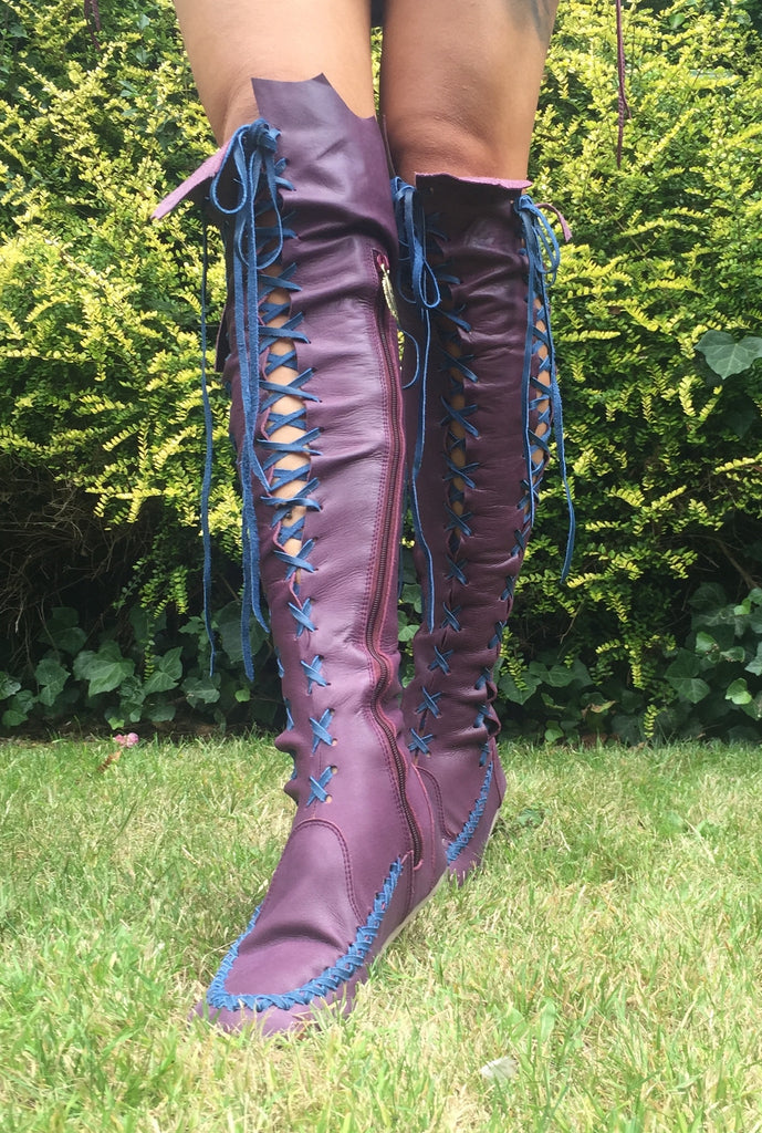 Leather Boots – Plum Knee High Boots With Navy Laces | Gipsy Dharma